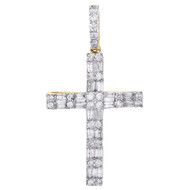 10K Yellow Gold Round & Baguette Real Diamond Cross Pendant 1.40" Charm 0.90 CT.