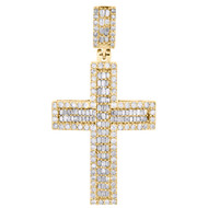10K Yellow Gold Real Round & Baguette Diamond Cross Pendant 1.85" Charm 1.35 CT.