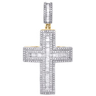 10K Yellow Gold Round & Baguette Real Diamond Cross Pendant 1.60" Charm 0.80 CT.
