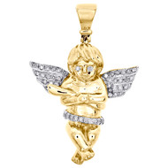 10K Yellow Gold Round Diamond Mini Baby Angel Pendant 1.30" Pave Charm 1/5 CT.