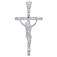 14K White Gold Genuine Diamond Jesus Cross Pendant 1.90" Crucifix Charm 1/2 CT.