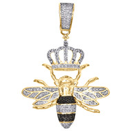 10K Yellow Gold Black Diamond Queen Bee Crown Bumblebee 1.55" Pave Charm 1/3 CT.