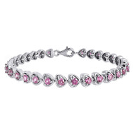 Created Pink Sapphire Heart Bracelet .925 Sterling Silver Round Design 4.80 Tcw.