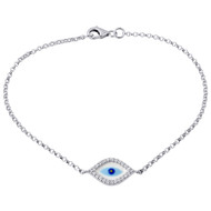 Diamond Evil Eye Bracelet 7 Inch Ladies 14k White Gold Rolo Chain Link 0.12 Ct.