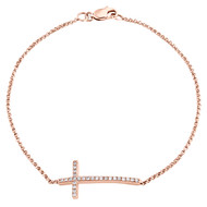 10K Rose Gold Round Diamond Sideways Cross Bracelet Statement Pave Charm 1/8 CT.