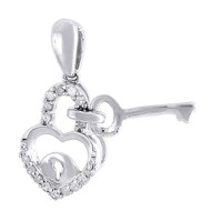 Diamond Heart Lock & Key Pendant Necklace 10K White Gold Charm 0.10 CT.