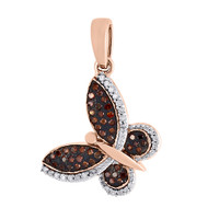 Red Diamond Butterfly Pendant Ladies 10K Rose Gold Animal Charm  0.20 CT.