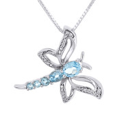 Diamond Dragonfly Necklace Sterling Silver Created Blue Topaz Pendant 0.90 Tcw