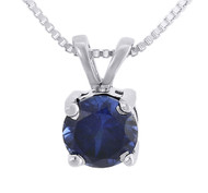 Created Blue Sapphire Round Necklace .925 Sterling Silver Pendant 1.30 Tcw.