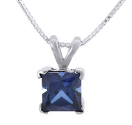 Created Blue Sapphire Square Necklace .925 Sterling Silver Pendant 1.30 Tcw.
