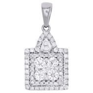 14K White Gold Diamond Double Halo Square Pendant Cluster Necklace 1.04 CT.