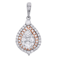 14K Two Tone Gold Diamond Tier Teardrop Pendant Double Halo Necklace 1 CT.
