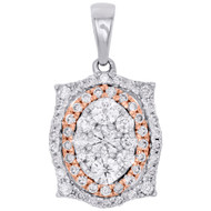 14K Two Tone Gold Diamond Oval Pendant Rose Double Halo Cluster Necklace 0.85 CT