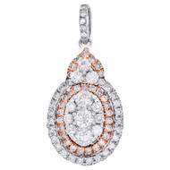 14K Two Tone Gold Diamond Tiered Oval Pendant Rose Halo Cluster Necklace 0.88 CT