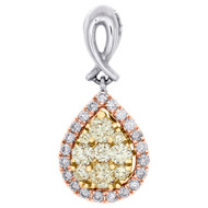 14K Tri Color Gold Natural Yellow Diamond Teardrop Pendant Halo Necklace 0.63 CT