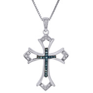 .925 Sterling Silver Blue Diamond Cut Out Budded Cross Pendant w/ Chain 0.10 Ct.