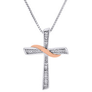 925 Sterling Silver & Rose Polish Diamond Cross Slide Pendant w/ Chain 0.05 ct.