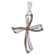 10K White Gold Brown Diamond Curved Cross Ladies Pendant 0.25 CT.