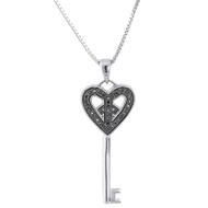 .925 Sterling Silver Black Diamond Ladies Key Pendant w/ 18" Chain - 0.11 Ct