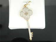 Diamond Key Pendant Ladies 10K Yellow Gold Pave Round Clover Charm 1/2 Tcw.