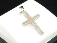 Ladies 10K Rose & White Gold Diamond Jesus Cross Pendant Charm For Necklace 1.1"