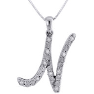 Diamond N Script Pendant .925 Sterling Silver Initial Charm w/ Chain 0.11 Tcw.