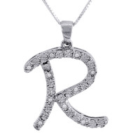 Diamond Script R Pendant .925 Sterling Silver Initial Charm w/ Chain 0.11 Tcw.