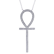 Diamond Cross Ankh Pendant 10K White Gold Statement Necklace Cable Chain 1/4 CT.