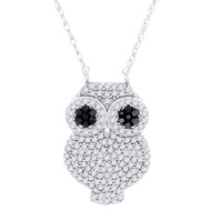 Black Diamond Owl Pendant 10K White Gold Fashion Charm with Cable Chain 0.38 CT.