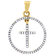Circle Cross Diamond Pendant 10k Yellow Gold Round Charm  1/4 Ct.