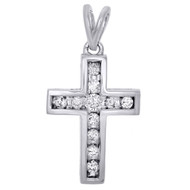 10K White Gold Ladies Round Diamond Cross Pendant 0.90" Channel Set Charm 1/4 CT.