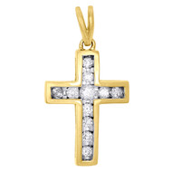 10K Yellow Gold Ladies Round Diamond Cross Pendant .90" Channel Set Charm 1/4 CT.
