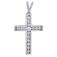 10K White Gold Ladies Round Diamond Cross Pendant 1.30" Channel Set Charm 1/2 CT.