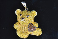 Yellow & Red Diamond Teddy Bear w/ Heart Pendant 10K White Gold Ladies Charm