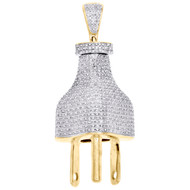 10K Yellow Gold Real Diamond Plug Socket Fuse Pendant 2" Mens Pave 3D Charm 1 CT