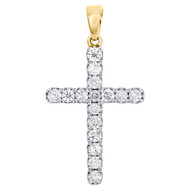 10K Yellow Gold Round Diamond Prong Set Cross Pendant 1.40" Statement Charm 1 CT