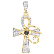 10K Yellow Gold Black Diamond Evil Eye Ankh Cross Pendant 1.45" Charm 1/2 CT.