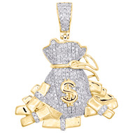 10K Yellow Gold Diamond Money Bag 100 Dollar Stacks Pendant 1.65" Charm 1 CT.