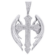 10K White Gold Round Diamond Wings Cross Pendant 2" Statement Pave Charm 1/2 CT.