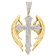10K Yellow Gold Round Diamond Wings Cross Pendant 2" Statement Pave Charm 1/2 CT