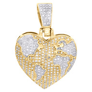 10K Yellow Gold Round Diamond Heart World Map Globe Pendant 1.35" Charm 3/4 CT.