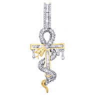 10K Yellow Gold Baguette Diamond Snake Ankh Cross Pendant 1.85" Charm 1.20 CT.