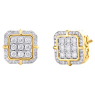 10K Yellow Gold Round Diamond Dome Cluster Square Stud 11mm Tier Earrings 3/4 CT