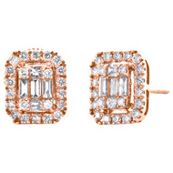 14K Rose Gold Round & Baguette Cut Diamond Halo Stud 9mm Cluster Earrings 1/2 CT