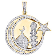 10K Yellow Gold Baguette Diamond Islam Crescent Moon Pendant 1.70" Charm 2.37 CT