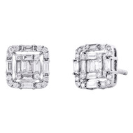14K White Gold Baguette Diamond Fancy Cluster Stud 9mm Statement Earrings 5/8 CT