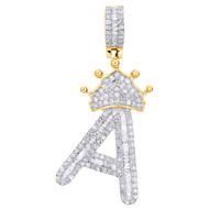 10K Yellow Gold Baguette Diamond Initial A Crown Hat Pendant 1.35" Charm 7/8 CT.
