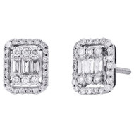 14K White Gold Baguette Cut Diamond Halo Frame Cluster Stud 9mm Earrings 1/2 CT.