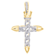 10K Yellow Gold Round Diamond Crown Cuban Link Cross Pendant 2.05" Charm 1/2 CT.