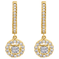 14K Yellow Gold Round Diamond Cluster Dangle / Drop 1" Cocktail Earring 1/2 CT.
